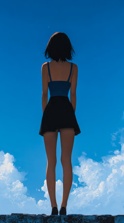 A young woman stands on a cliff, gazing into the horizon. The vibrant blue sky and scattered clouds create a peaceful backdrop. Moments before sunset enhance the calm atmosphere.の素材