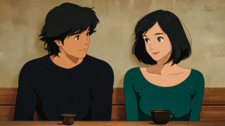 Two animated characters sit across from each other at a cafe table, smiling and enjoying a quiet moment while sipping coffee. The warm atmosphere adds to their connection.の素材
