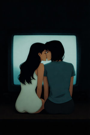 In a dimly lit room, two friends sit closely together on the floor, sharing a tender kiss while watching a vintage television screen glowing softly. They enjoy a quiet evening.の素材