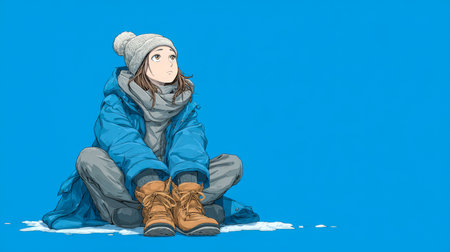 A young person sits on the snow looking up thoughtfully against a clear blue background.の素材