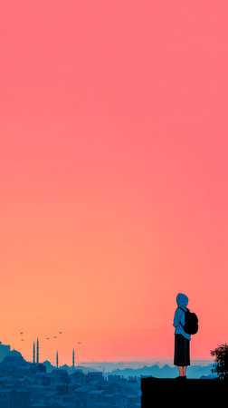 A person stands on a ledge, admiring a vibrant sunset that paints the sky in shades of pink and orange. Silhouetted against the city skyline, this scene captures a moment of tranquility.の素材