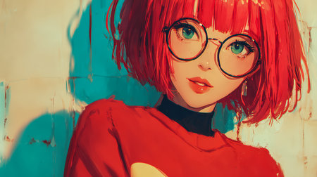 A young woman with vibrant red hair and oversized glasses poses confidently. She wears a bright sweater, showcasing her unique style against an abstract, colorful backdrop.の素材