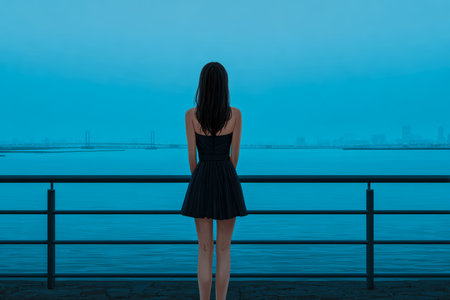 A young woman stands at a railing, looking out at the tranquil water. The sky is painted in soft twilight hues, with a distant city skyline visible.の素材