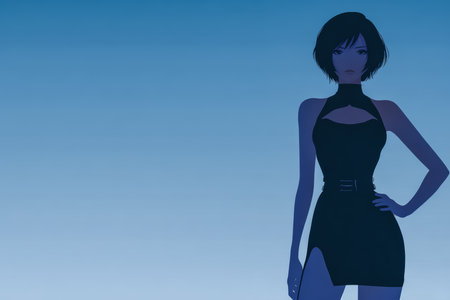 A stylish woman stands confidently in a form-fitting black dress, showcasing her bold fashion choice. The background features a serene gradient of blue, creating an elegant atmosphere.の素材