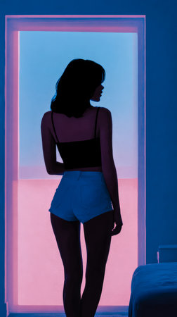 A woman is seen in silhouette against a vibrant window during dusk. The soft colors illuminate her figure, creating a striking contrast in a simple, elegant space.の素材