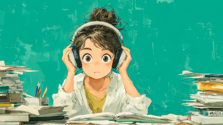 A young girl is focused on her studies while wearing large headphones. Her desk is cluttered with books and notes, and a green wall serves as the backdrop, creating a lively atmosphere.の素材