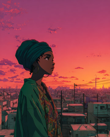 A woman with a head wrap stands against a colorful sunset, gazing over a bustling cityscape. The city is alive with buildings and power lines, highlighting urban life.の素材