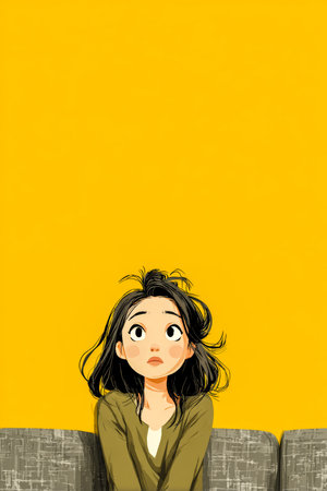 A young girl sits on a couch, gazing thoughtfully toward the ceiling. The yellow wall behind her adds warmth to the scene, enhancing her curious expression.の素材