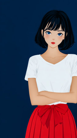 A young woman with short black hair and striking blue eyes stands confidently with arms crossed. She wears a simple white shirt and a bright red skirt, creating a vivid contrast.の素材