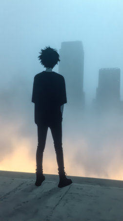 A young person stands on a ledge, silhouetted against a foggy city skyline at twilight. The view reveals tall buildings shrouded in mist, creating a serene yet mysterious atmosphere.の素材
