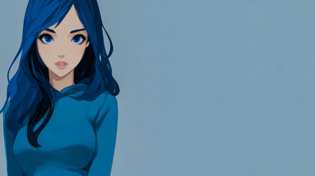 A young woman stands with a calm expression, showcasing her long blue hair and wearing a hoodie. The background is a soothing shade of blue, giving a serene vibe.の素材