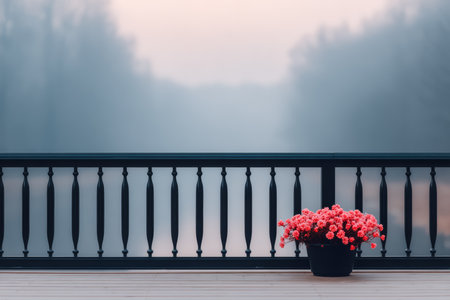 A serene morning scene showcases a balcony adorned with vibrant pink flowers. The background features a misty lake, creating a peaceful atmosphere.の素材