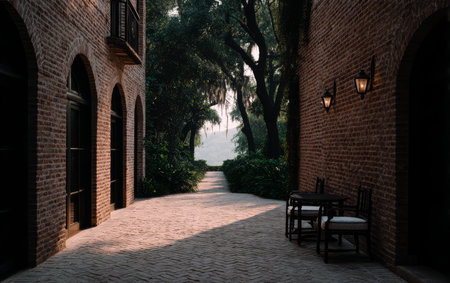 A peaceful walkway connects two brick buildings, surrounded by lush greenery. Soft light shines through the trees, creating a calming atmosphere at dusk.の素材
