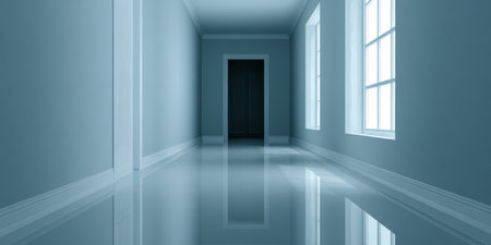 A clean and spacious hallway features smooth, shiny floors and ample natural light pouring in through large windows. A dark door at the end creates a focal point in this tranquil space.の素材