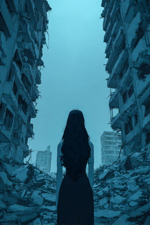 A woman with long hair stands in a devastated urban landscape, surrounded by crumbling buildings and rubble. The atmosphere evokes feelings of solitude and reflection in a dystopian environment.の素材