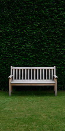 A simple wooden bench is situated on soft grass, surrounded by a lush green hedge. This serene garden setting offers a quiet spot for relaxation and reflection during the day.の素材