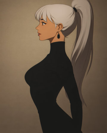A stylish woman with long, straight white hair tied in a ponytail stands in profile. She wears a black turtleneck and elegant earrings, showcasing a confident pose.の素材