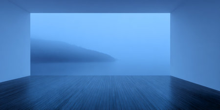 A minimal interior space displays a wooden floor and large windows revealing a misty lake surrounded by hills. The calming blue tones evoke a peaceful ambiance at dawn.の素材