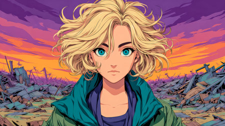 A young woman with striking blue eyes and tousled blonde hair gazes into the distance. The colorful sunset contrasts sharply with the desolate surroundings.の素材