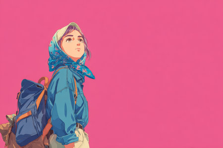 A young woman stands with a backpack, wearing a colorful scarf, looking upward thoughtfully. The bright pink backdrop enhances her adventurous spirit.の素材