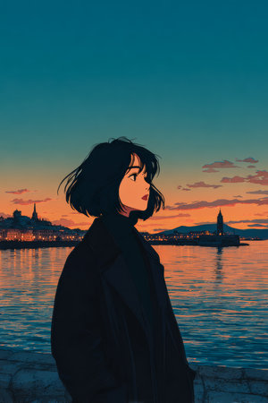 A woman stands by the water as the sun sets, surrounded by a beautiful skyline. Her contemplative expression hints at deep thoughts and emotions during this serene moment.の素材