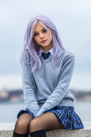 A girl with long lavender hair wears a school uniform while sitting near a body of water. The weather appears cloudy, creating a serene atmosphere around her.の素材