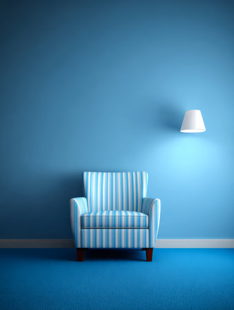 A blue striped armchair stands alone in a minimalist room. The walls and flooring share the same blue hue, while a soft lamp provides a gentle glow in the evening light.の素材