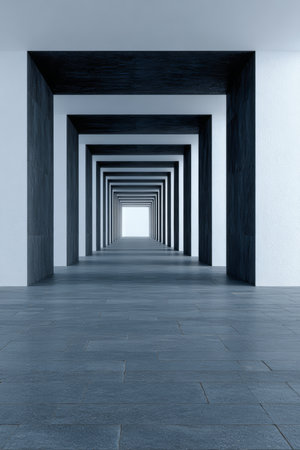 A geometric corridor stretches infinitely, framed by dark rectangular shapes. The smooth floor reflects faint light, guiding the eyes toward a bright opening in the distance.の素材