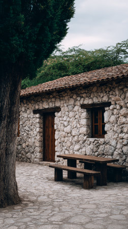 A stone house with a wooden door stands in a serene area. A wooden table is placed nearby under a tree. The scene is calm and rustic, perfect for relaxation or gatherings.の素材