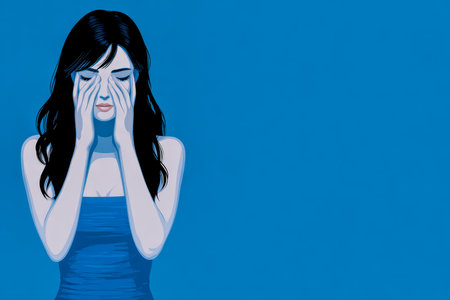 A woman in a blue dress is covering her face with her hands, showcasing deep emotions against a solid blue background. The image captures a moment of solitude and introspection.の素材