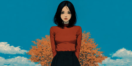 A young woman stands confidently in front of a bright orange autumn tree. The clear blue sky creates a calm atmosphere, enhancing her peaceful expression and stylish outfit.の素材