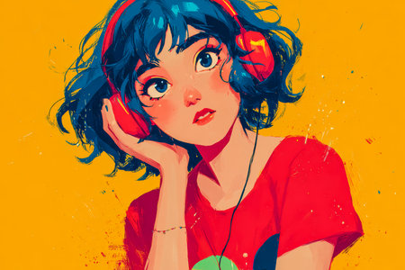 A girl with vibrant blue hair and red headphones is lost in thought while listening to music. She wears a bright red shirt and has a contemplative look against a yellow background.の素材