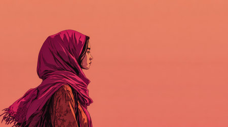 A woman wearing a purple scarf stands silently, looking towards a calm sunset. The warm orange backdrop enhances her thoughtful expression, depicting a moment of reflection and peace.の素材