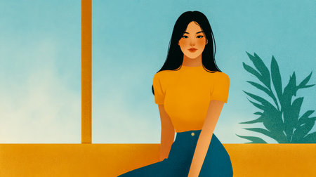 A young woman with long black hair sits on a yellow couch near a large window. Bright sunlight illuminates the room, highlighting her calm expression and casual outfit.の素材