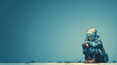 A young girl with blue hair sits quietly on the ground, wearing a beanie and oversized clothing. The background is a calming blue, enhancing her contemplative mood.の素材