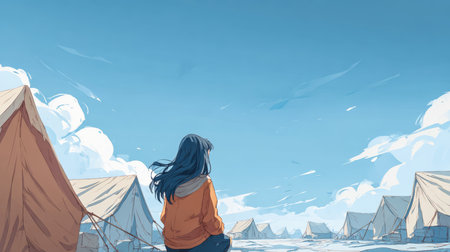 A girl in an orange sweater sits quietly, looking out over a large camp filled with neatly arranged tents. The sky is bright and clear, creating a peaceful atmosphere.の素材