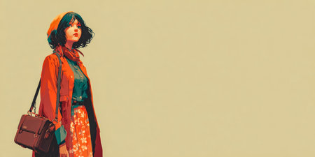 A young woman dressed in a vibrant outfit, complete with a coat and bag, stands confidently on her own. The scene captures her unique style and presence in a calm urban environment.の素材
