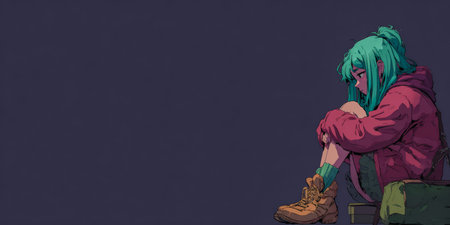 A girl with green hair sits quietly, wearing a red hoodie and boots, lost in thought. The background features a simple, muted color, enhancing her introspective mood.の素材