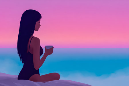 A woman sits comfortably on her bed, holding a warm drink, while admiring the beautiful sunset view over the ocean. The sky is filled with soft pastel colors, creating a peaceful atmosphere.の素材