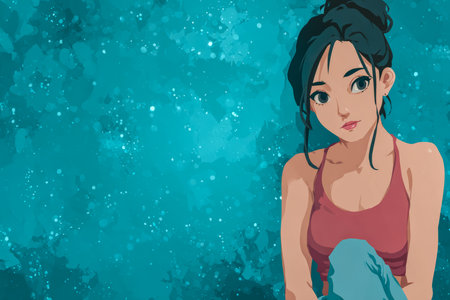 A young woman with dark hair is seated and gazes thoughtfully, dressed in a casual top, against an abstract blue background. The artwork captures a moment of introspection.の素材
