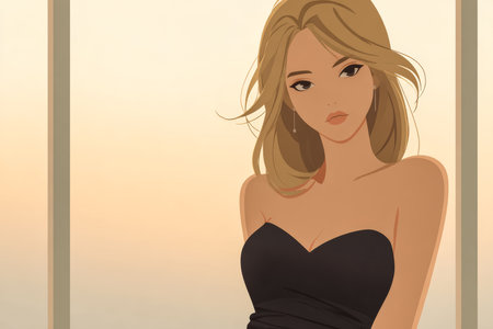 A fashionable woman with long blonde hair wears a sleek black dress while confidently posing against a warm sunset backdrop in a contemporary space.の素材