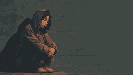 Young person sits on the ground with a hoodie pulled over their head. They appear deep in thought or feeling sad, surrounded by the shadows of the alley in low light.の素材