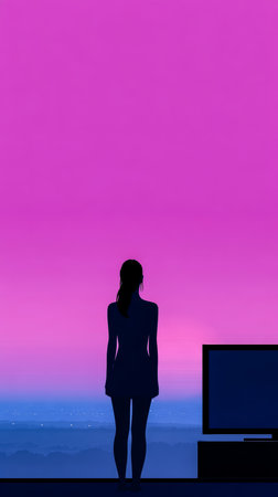 A woman stands silhouetted by a window, gazing at a colorful sunset. The sky displays vibrant pink and blue hues over a cityscape, creating a serene atmosphere at dusk.の素材