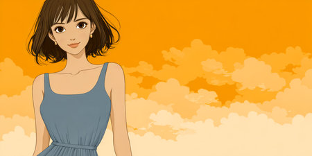 A young woman with short hair stands confidently in a simple blue dress. She smiles warmly, illuminated by the golden hues of a sunset filled with soft clouds.の素材
