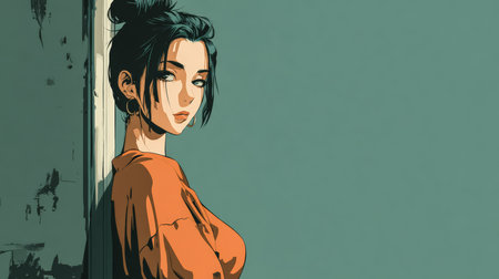 A young woman with dark hair in a bun leans against a textured wall. She wears an orange shirt and displays a thoughtful expression, showcasing urban life.の素材