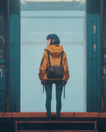 A young woman wearing a bright yellow jacket stands in an elevator, facing an open door that reveals a soft blue sky. The evening light adds a tranquil touch to the scene.の素材