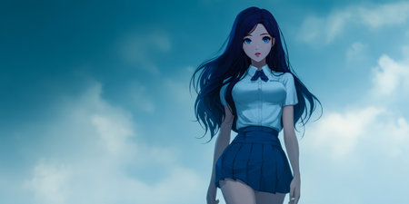 A young female character stands tall with flowing hair, wearing a school uniform. The cloudy twilight sky creates a moody atmosphere around her.の素材
