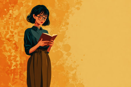 A woman with glasses and dark hair reads a book with concentration, standing confidently. The warm orange background adds a calming feel to the cozy atmosphere.の素材