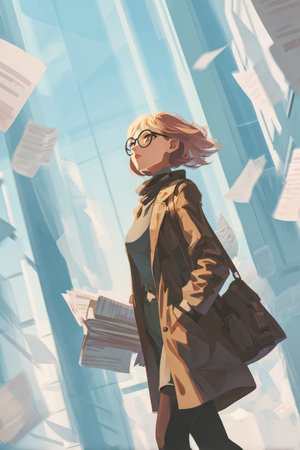 A woman with short hair and glasses walks confidently through a futuristic city. Papers fly around her, creating a dynamic, busy atmosphere under a clear blue sky.の素材