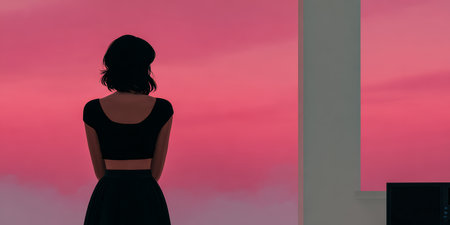 A woman stands quietly, looking out a large window as a vibrant pink sunset fills the sky. The room is simple, emphasizing peace and quiet reflection.の素材
